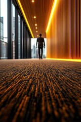 Poster - A person walks through a modern hallway illuminated by warm lights, featuring wooden walls and a textured carpet floor.