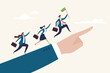 © Sector30 - Leadership to lead team members, business direction to achieve goal or target, teamwork to success in work, businessman leader holding winner flag running lead business people on pointing finger.