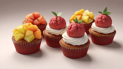 Wall Mural - Delight in these beautifully crafted cupcakes topped with vibrant fruit, showcasing mix of mango and raspberry. Perfect for any celebration or sweet treat!