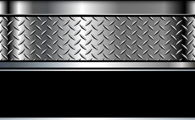 Metallic silver black background, 3d metal shiny chrome with diamond plate texture.