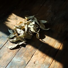 Wall Mural - dried bundle of curry leaves used for seasoning, casting a dramatic shadow on a rustic wooden table