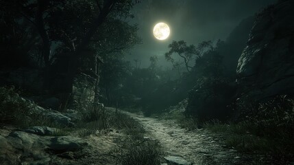 Wall Mural - Moonlit Path in Dark Forest Under Starry Night Sky