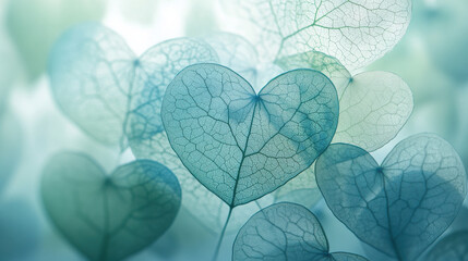 Wall Mural - artistic close-up of overlapping heart-shaped leaves, muted green tones with hints of blue, minimalistic white background