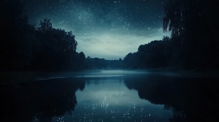 Wall Mural - Serene Night Sky with Countless Stars Reflected in Calm Water