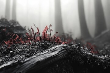 Reddish plants sprout from dark, charred earth in a misty forest, symbolizing rebirth after destruction.