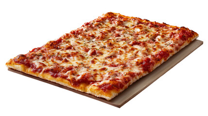 Rectangular Cheese Pizza: A delectable rectangular pizza, generously topped with melted cheese and rich tomato sauce, sits on a light brown stone base, ready to be enjoyed.