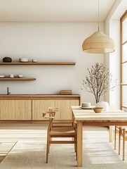 Canvas Print - Minimalist dining area with wooden table, chairs, and shelves; natural light floods the room.