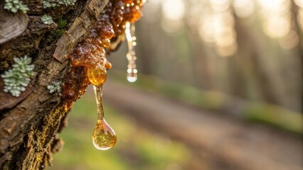 Myrrh benefits. Close-up of tree sap dripping from bark in a sunlit forest setting.