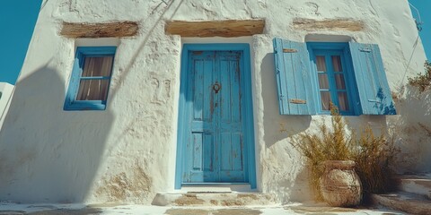 Wall Mural - White Building with Blue Shutters and Potted Plant