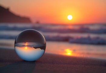 Wall Mural - Beautiful crystal ball on the sand on the beach with sea on the background on the sunset.
