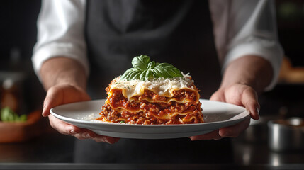 Wall Mural - Homemade italian lasagna with layers of pasta, bolognese sauce, melted cheese, and fresh basil on white plate - classic comfort food on dark background.