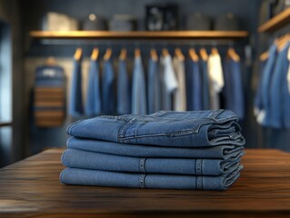 Wall Mural - Blue jeans stacked on wooden table