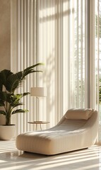 Canvas Print - Sunlit beige chaise lounge in modern minimalist interior with plant and curtains.