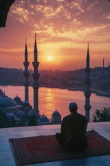 Wall Mural - Man Sitting on Rug at Sunset