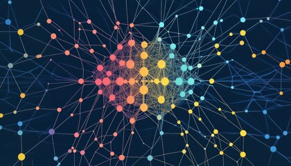 Colorful network of interconnected nodes and lines on a dark background