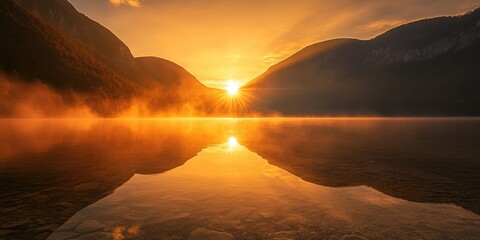 Wall Mural - Sunset over lake with mountains