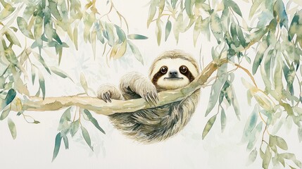 watercolor painting of a sloth hanging on a tree branch.