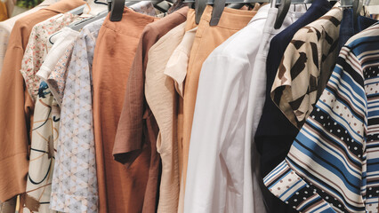 Poster - A rack of clothes with a variety of colors and patterns. The clothes are hanging on hangers and are organized by color. Concept of variety and abundance