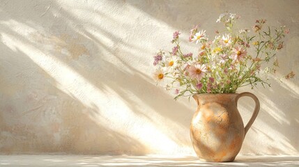 Wall Mural - Sunlit wildflowers in rustic pitcher.