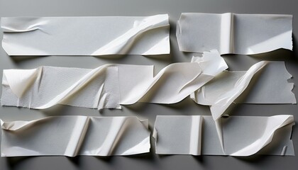 strips of white adhesive or duct tape with crumpled textures realistic 3d scotch patches and torn sticky paper strips featuring ripped edges and wrinkled masking bands for packaging