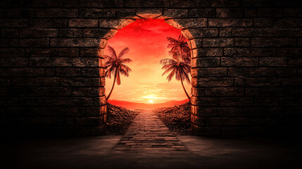 Wall Mural - stunning surreal scene featuring stone archway leading to vibrant sunset over palm trees and pathway. warm colors evoke sense of tranquility and wonder