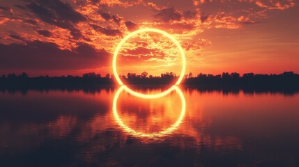 Wall Mural - Glowing circle reflecting on calm lake at sunset.