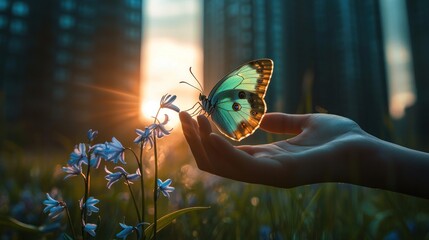 Wall Mural - Hand gently holding a butterfly near blue flowers at sunset.