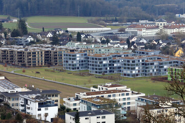 Wall Mural - View of a modern residential area on a cloudy winter day. Town of Lenzburg, canton of Aargau, Switzerland.