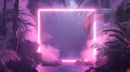 Wall Mural - Neon rectangle illuminates tropical foliage amidst mystical fog and water