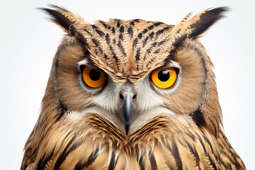 Wall Mural - Eurasian Eagle-Owl close-up portrait on a white background.