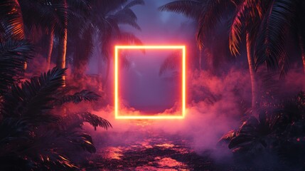 Wall Mural - Neon square glows in a surreal tropical foggy landscape