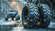 © Ihor - A large tire rests against a smooth steel surface, highlighting its rubber texture and strength
