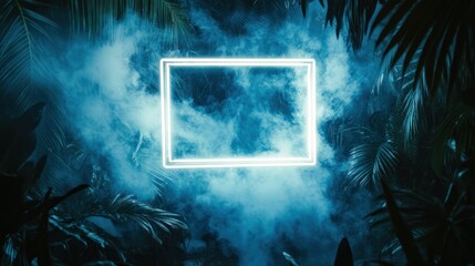 Wall Mural - Neon frame glows amidst tropical plants and swirling mist