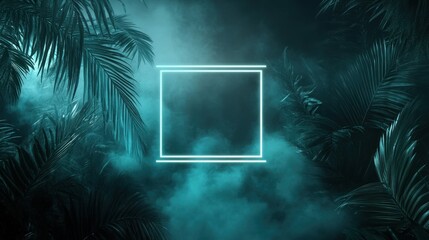 Wall Mural - Neon square framed by palm leaves in foggy turquoise atmosphere