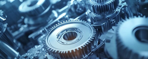 Poster - Complex system of shiny metallic cogwheels working together
