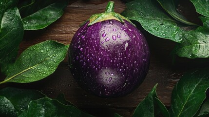 Poster - Purple Eggplant on Wooden Surface with Green Leaves