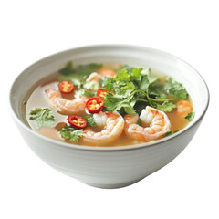 Wall Mural - Delicious shrimp soup garnished with fresh herbs and chili peppers, showcasing vibrant colors and textures. Perfect for comforting meal or appetizer