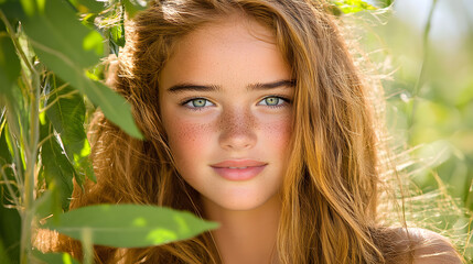 Wall Mural - A smiling young woman poses outdoors, enjoying the beauty of summer and nature.