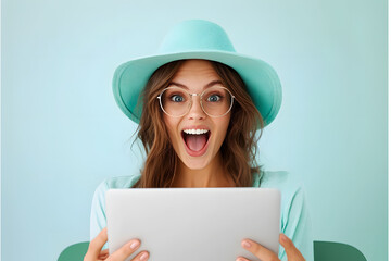 Wall Mural - A smiling young woman with glasses and a hat, joyfully posing with her laptop in the summer.