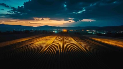 Wall Mural - Dramatic Night Scene Over Land with Illuminated Fields and Sky