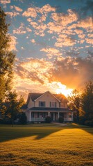 Wall Mural - Dramatic Sunset Over Suburban Home with Vibrant Clouds and Light