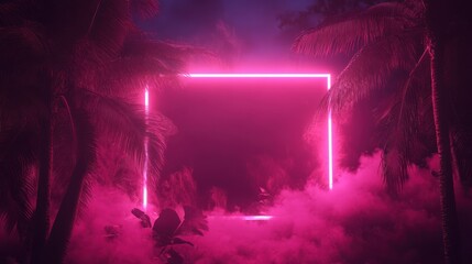 Wall Mural - Neon pink square stands amidst palm trees and fog