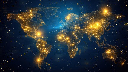 Wall Mural - global connectivity: a world map of sparkling networks and luminous points