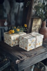 Wall Mural - Wooden table with two boxes