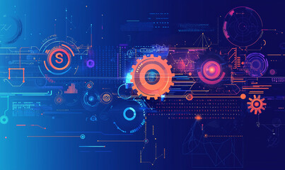 Abstract digital background featuring gears, graphs, and icons in vibrant colors.