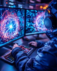 Gamer in dark room, working with graphic display.  Possible use for  technology articles or gaming