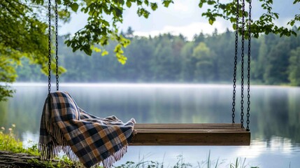 Wall Mural - Peaceful Lakeside Swing with a Plaid Blanket and Serene View