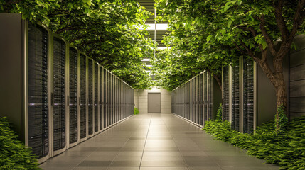  data center featuring energy efficient server racks surrounded by greenery, creating harmonious blend of technology and nature. design promotes sustainability and innovation