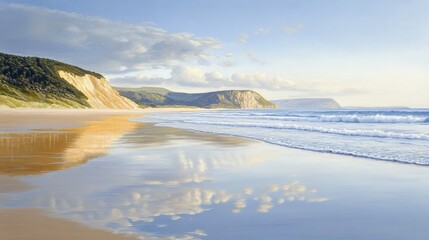 Canvas Print - Tranquil beach landscape featuring reflective waters and distant cliffs