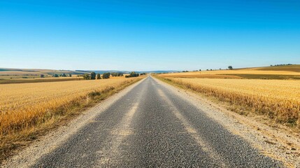 Wall Mural - Expansive Rural Asphalt Road Surrounded by Golden Fields